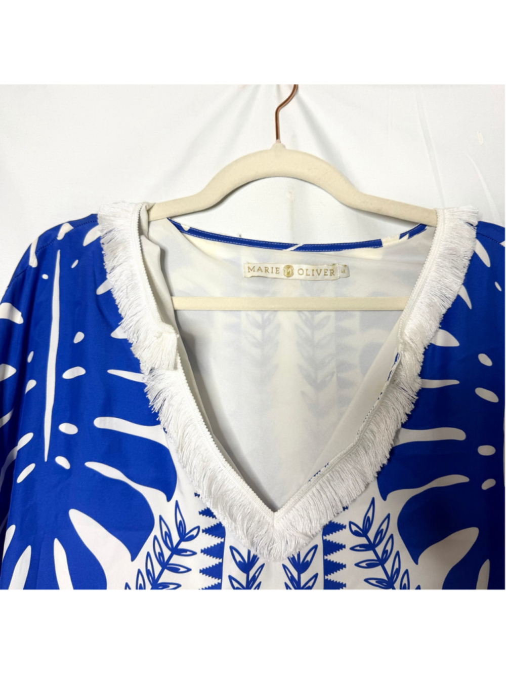 Marie Oliver Swim 100% Silk Caftan Large White Tropical Blue Leaf Print XL - Picture 5 of 7